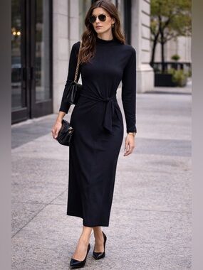 Massimo Dutti Black Midi Dress | Elegant Knot Detail | Long Sleeve Size S